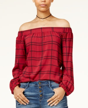 7 Sisters Juniors Plaid Off-The-Shoulde Redblack L