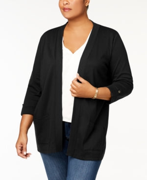 Karen Scott Plus Size Cotton 3/4-Sleeve Cardigan, Created for Macy's - Deep Black