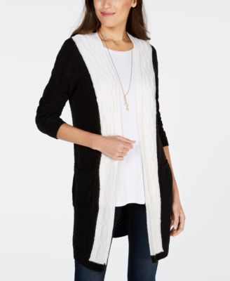 Style & Co Colorblocked Cable-Knit Cardigan, L Black and White