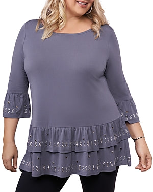 Belldini Plus Size Grommet-Trim Peplum Slate GreySilver 1X