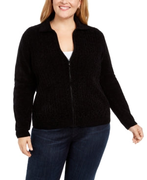 Plus Size Alfred Dunner Chenille Textured Long Sleeve Cardigan Black