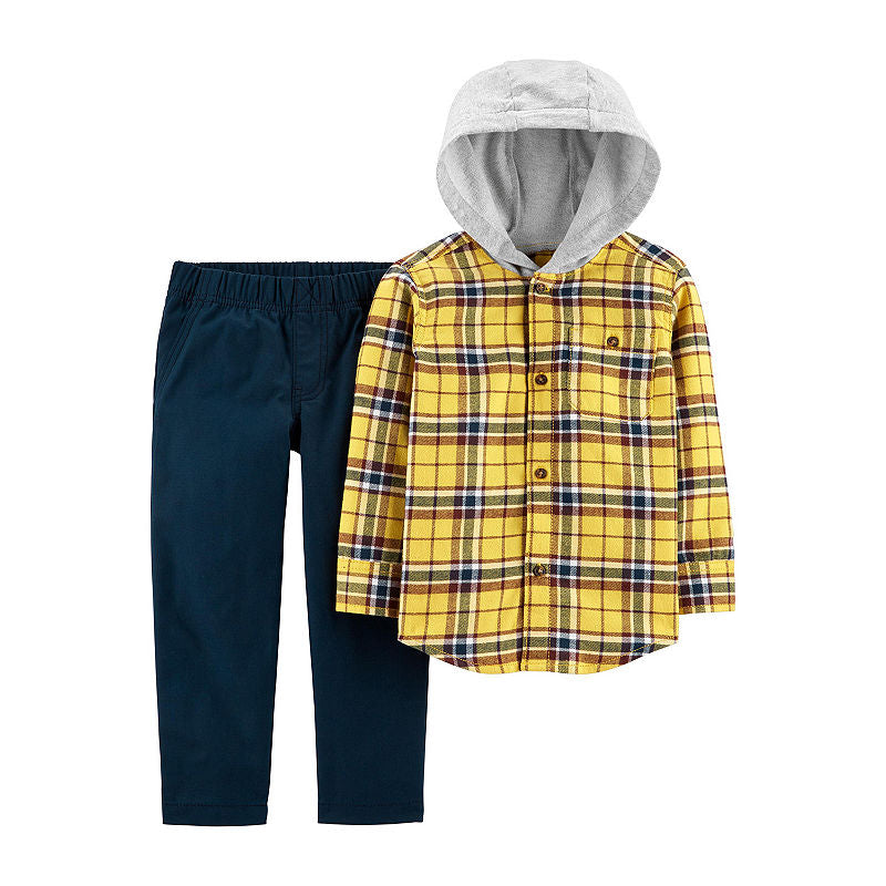 Carter's Baby Boys 2-Pc. Cotton Hooded Plaid Flannel Shirt & Canvas Pants Set - Yellow