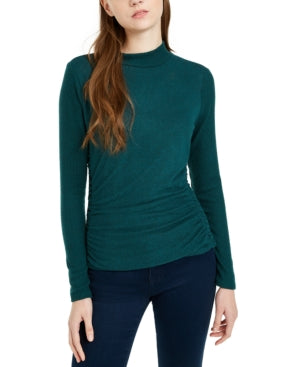 BCX Juniors  Textured Side-Ruched Mock-Neck Sweater Green Size Extra Large