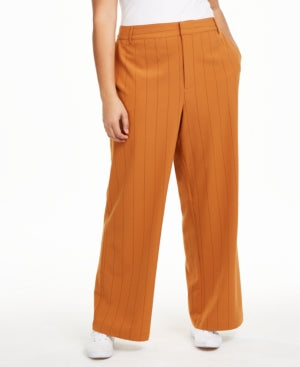 Danielle Bernstein Womens Plus Pinstripe Wide Leg Trouser Pants Orange 18W