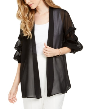 Prelude Solid Gathered Sleeve Open Front Jacket | XL | Polyester - Black