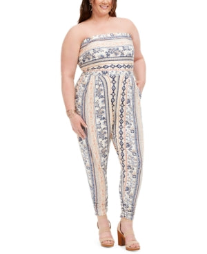 Full Circle Trends Trendy Plus Size Printed Ruched-Ankle Jumpsuit