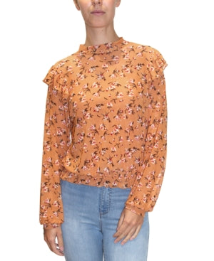 Crave Fame Juniors  Mock-Neck Mesh Ruffled Top Burnt Orange Floral L