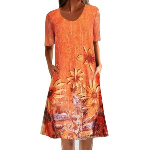 Women Flower Print Loose Short Sleeve Summer Dress