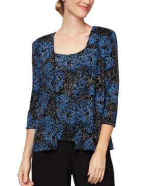 Alex Evenings Slinky Printed Jacket Top Set - BlackMarina Blue- M