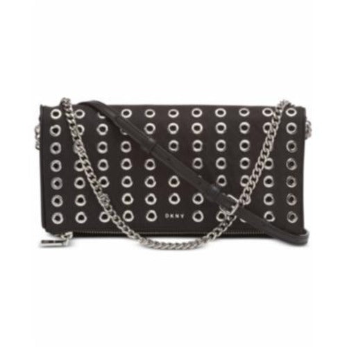 "DKNY Womens Black Grommet Stud Snap Closure Clutch Bag | Edgy & Stylish Accessory"