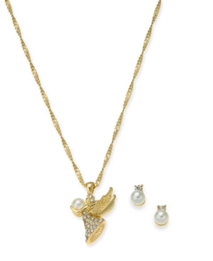 Charter Club Gold-Tone Crystal & Imitation Pearl Angel Necklace & Stud Earrings