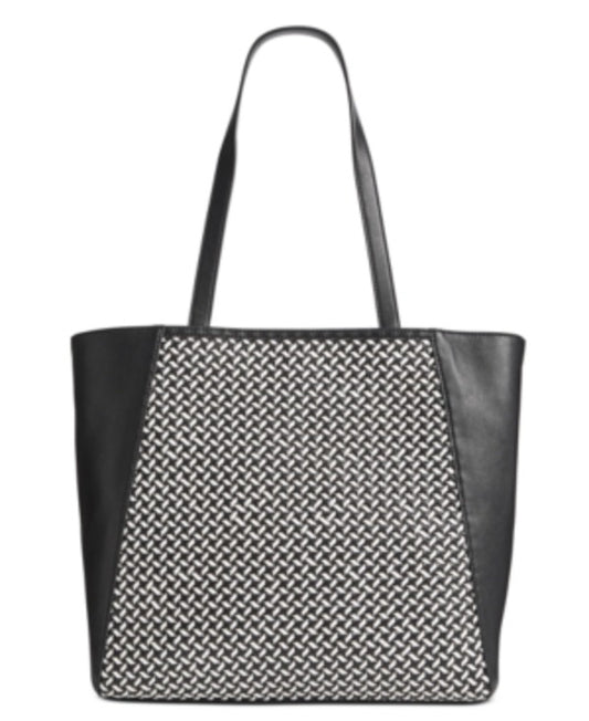 "INC Womens Black Leather Woven Double Flat Strap Tote Handbag Purse | Stylish & Functional Accessory"