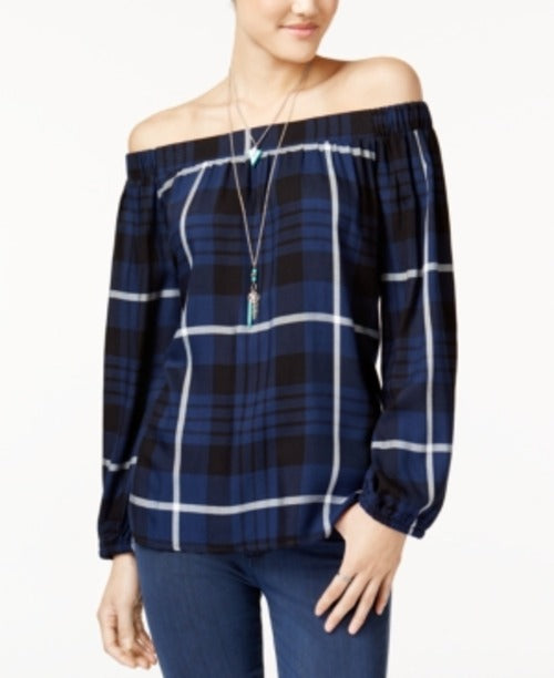 7 SISTER Juniors Plaid Off-The-Shoulde Navyplaid S