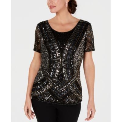 28th & Park Art-deco Embellished Hand-beaded Sequin Top Black Silver/gold M