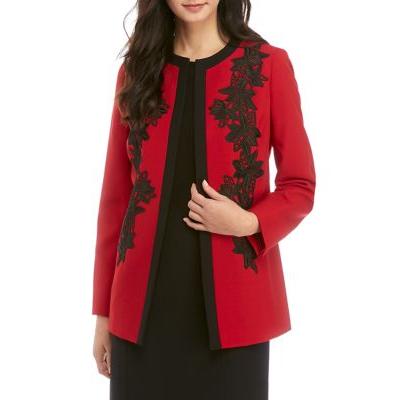 Kasper Lace-Trim Open-Front Jacket - Fire Red/black