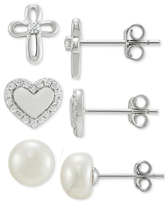 Giani Bernini 3-Pc. Set Cultured Freshwater Pearl (7mm) & Cubic Zirconia Stud Earrings in Sterling Silver, Created for Macy's