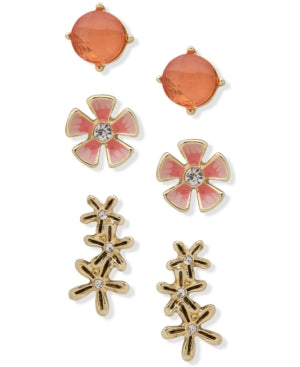 Anne Klein Gold-Tone 3-Pc. Set Crystal & Stone Flower Earrings